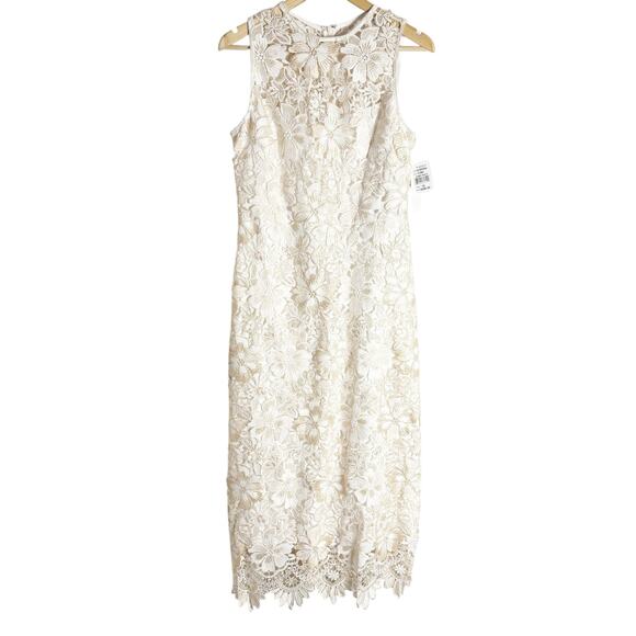 Shoshanna Ivory Gold Sleeveless Floral Lace Midi Cocktail Dress Size 10 - Picture 2 of 13